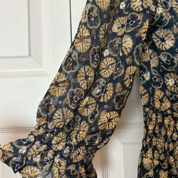 NWT RAGA Dress Midi Smocked Waist Metallic Gold Navy Current A-line Cocktail - Picture 15 of 16